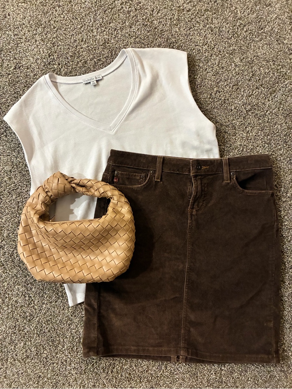 lei Dark Brown Corduroy Midi Skirt with Tan Woven Bag
